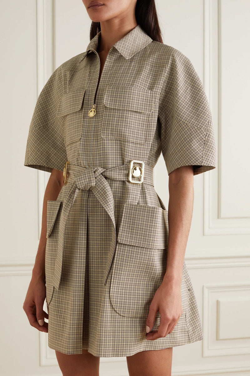 Belted Checked Wool Mini Dress