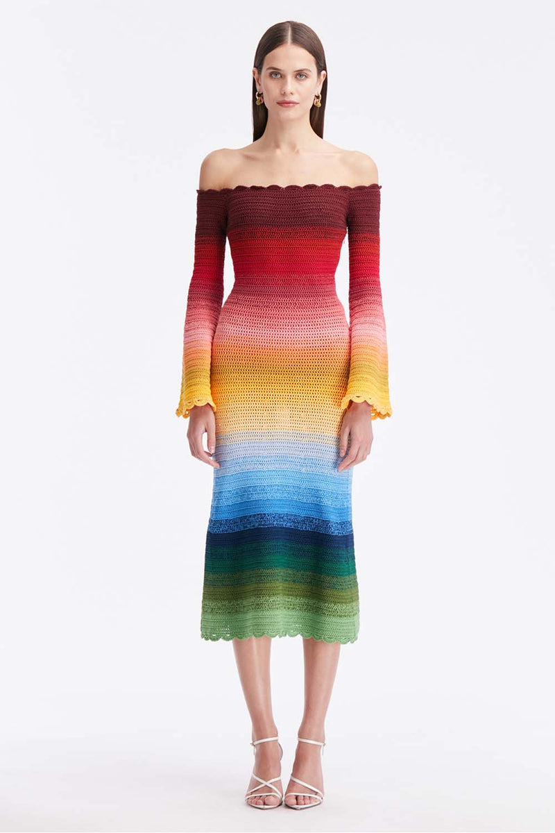 Off-The-Shoulder Striped Crocheted Cotton Midi Dress