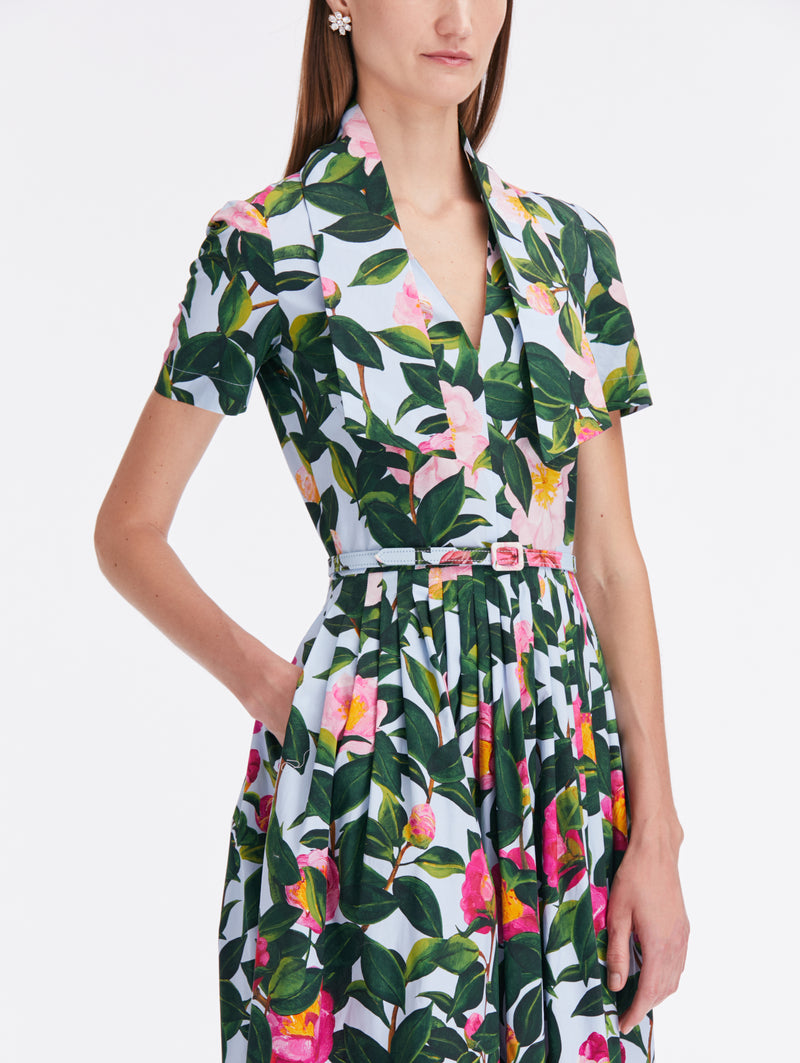 Short Sleeve V-Neck Tie Detail Camellias Cotton Dress