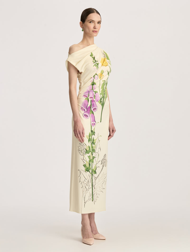Off-The-Shoulder Foxglove Draped Jersey Maxi Dress