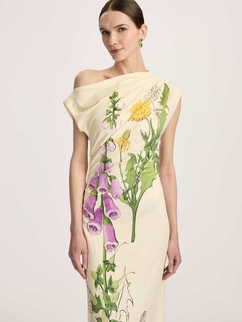 Off-The-Shoulder Foxglove Draped Jersey Maxi Dress