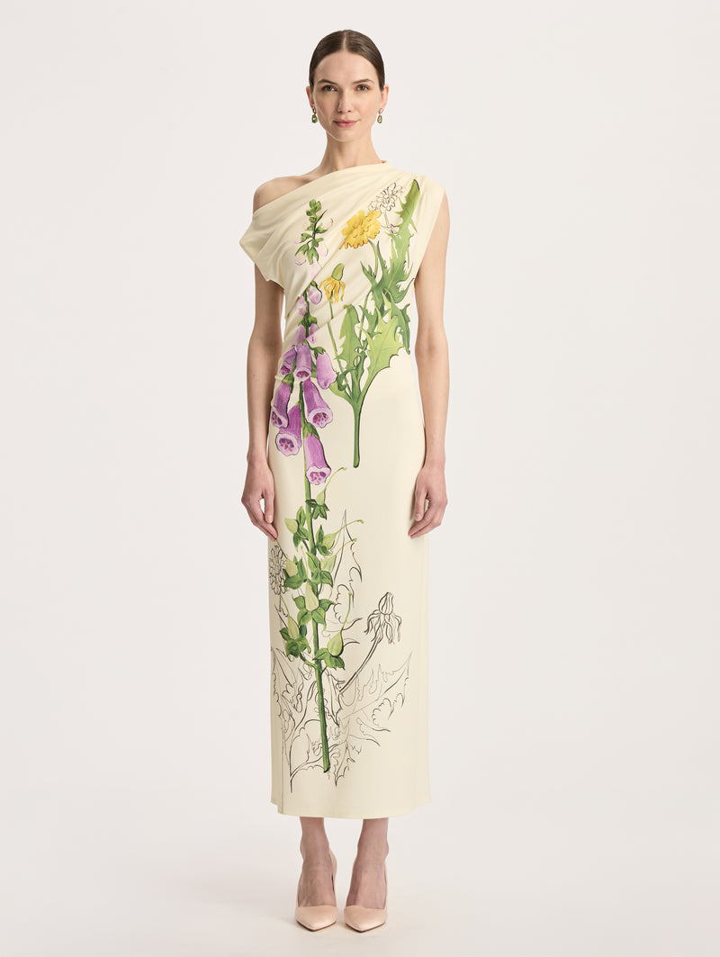 Off-The-Shoulder Foxglove Draped Jersey Maxi Dress