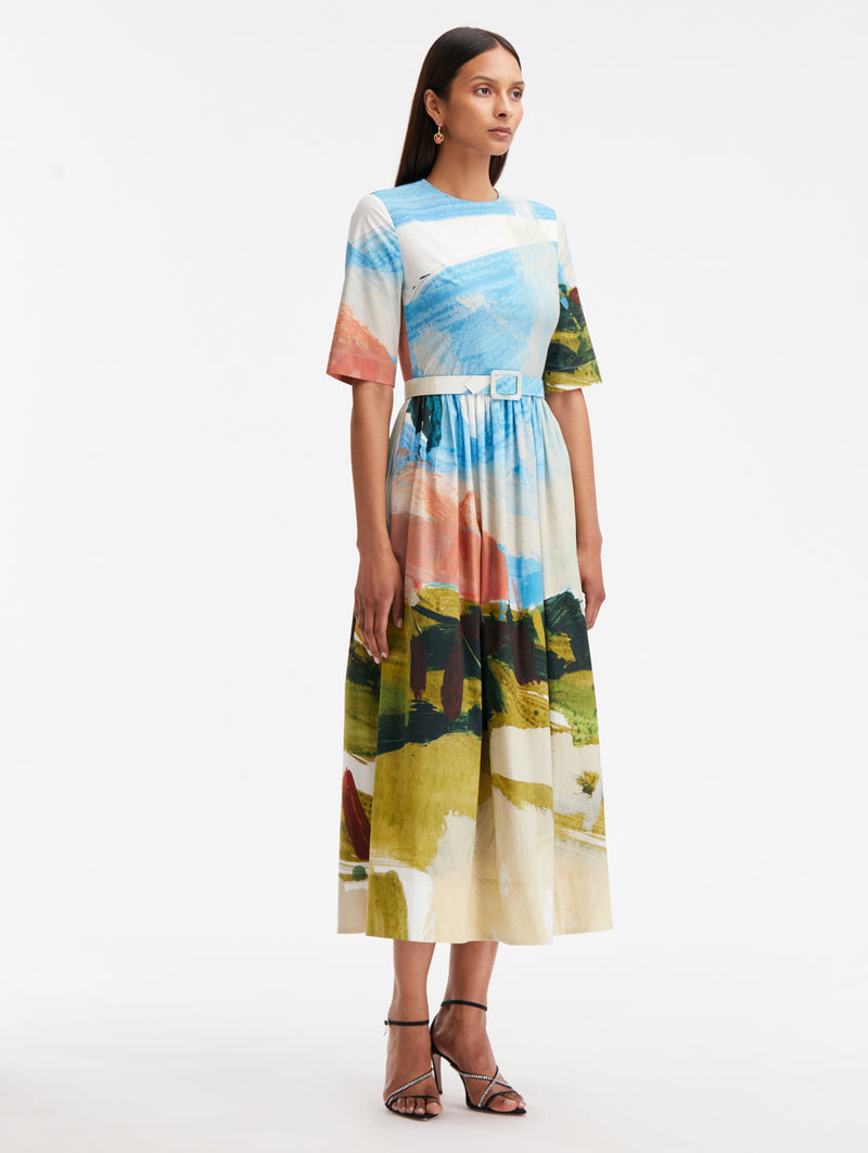 Abstract Landscape Print Cotton Poplin Dress