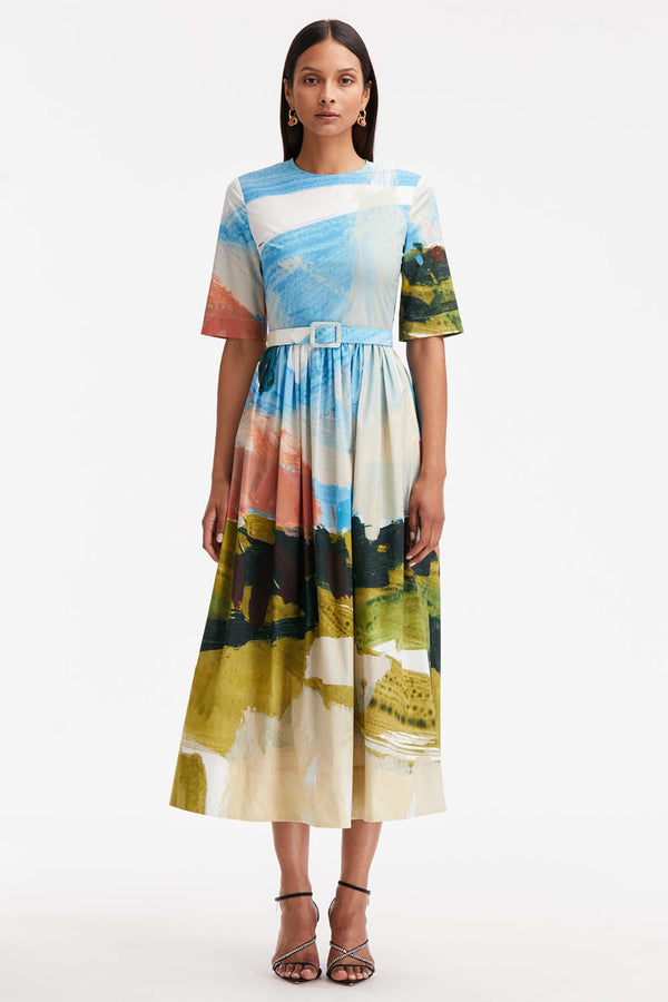 Abstract Landscape Print Cotton Poplin Dress