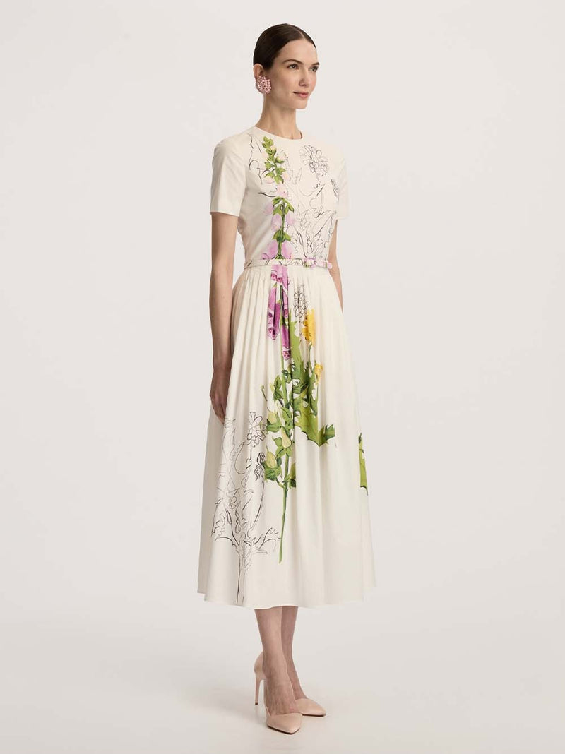 Foxglove Dandelion Poplin Short-Sleeve Belted Midi Dress