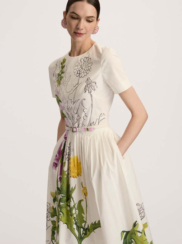 Foxglove Dandelion Poplin Short-Sleeve Belted Midi Dress