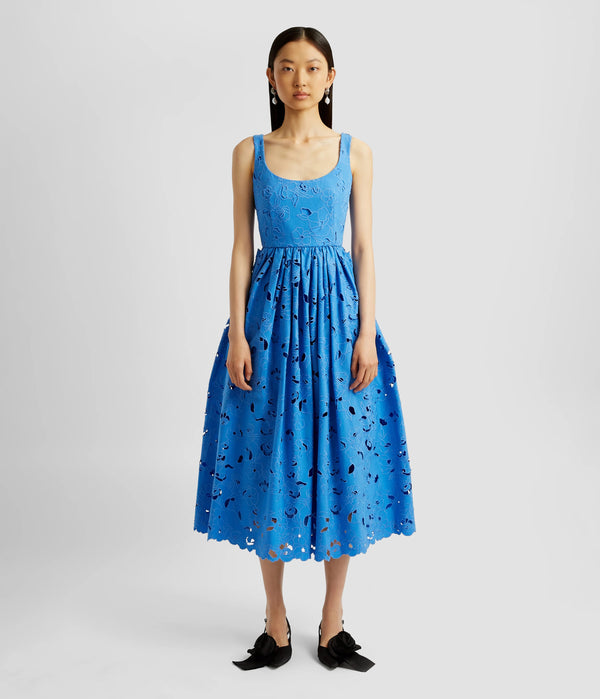 Floral Cotton Cutwork Sleeveless Midi Dress