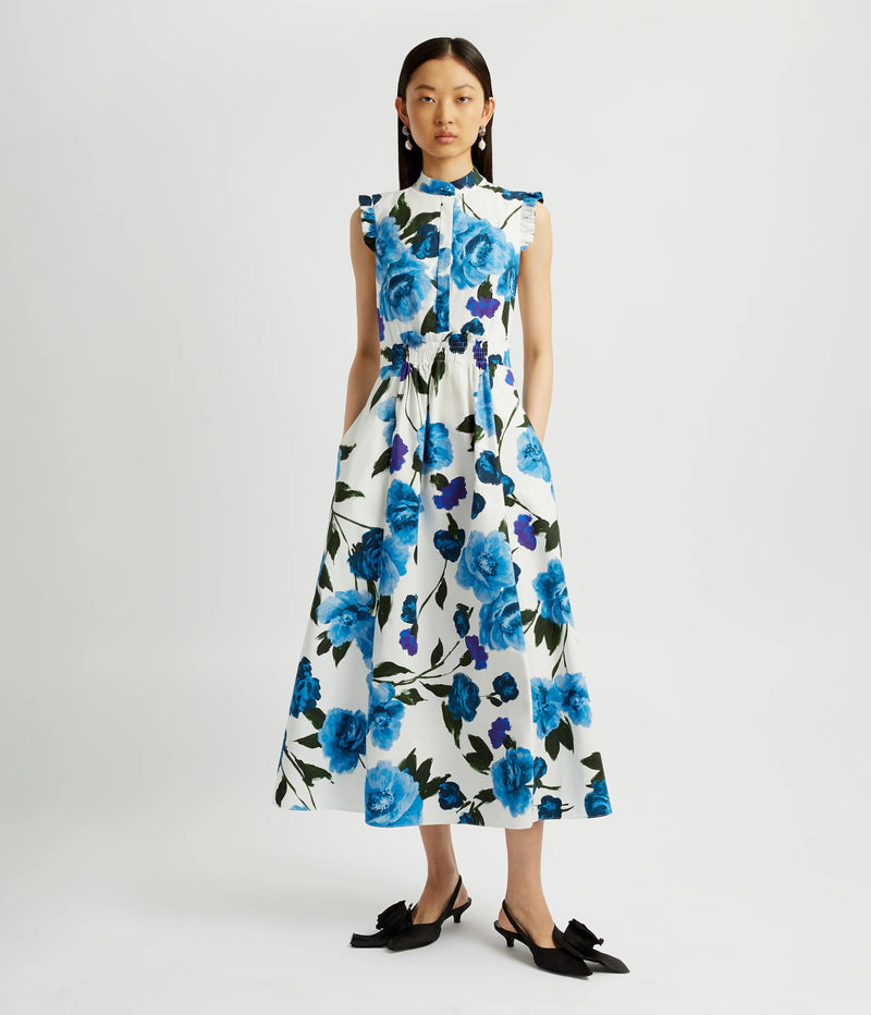 Sleeveless Cotton-Poplin Floral Midi Dress