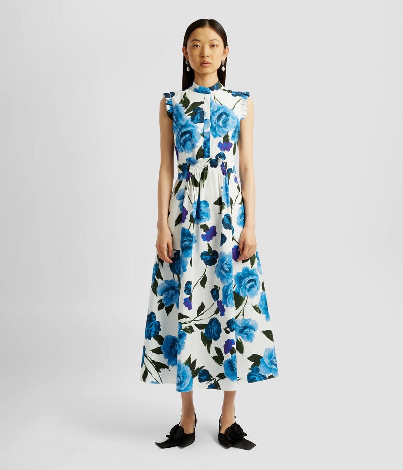 Sleeveless Cotton-Poplin Floral Midi Dress