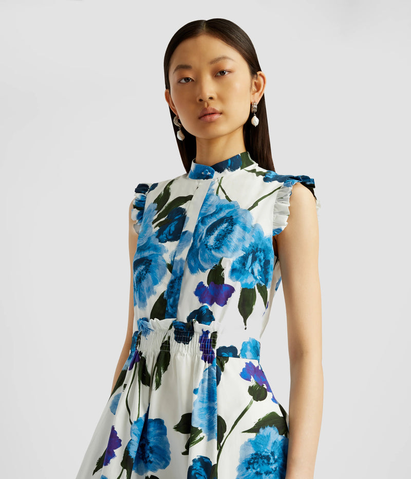 Sleeveless Cotton-Poplin Floral Midi Dress