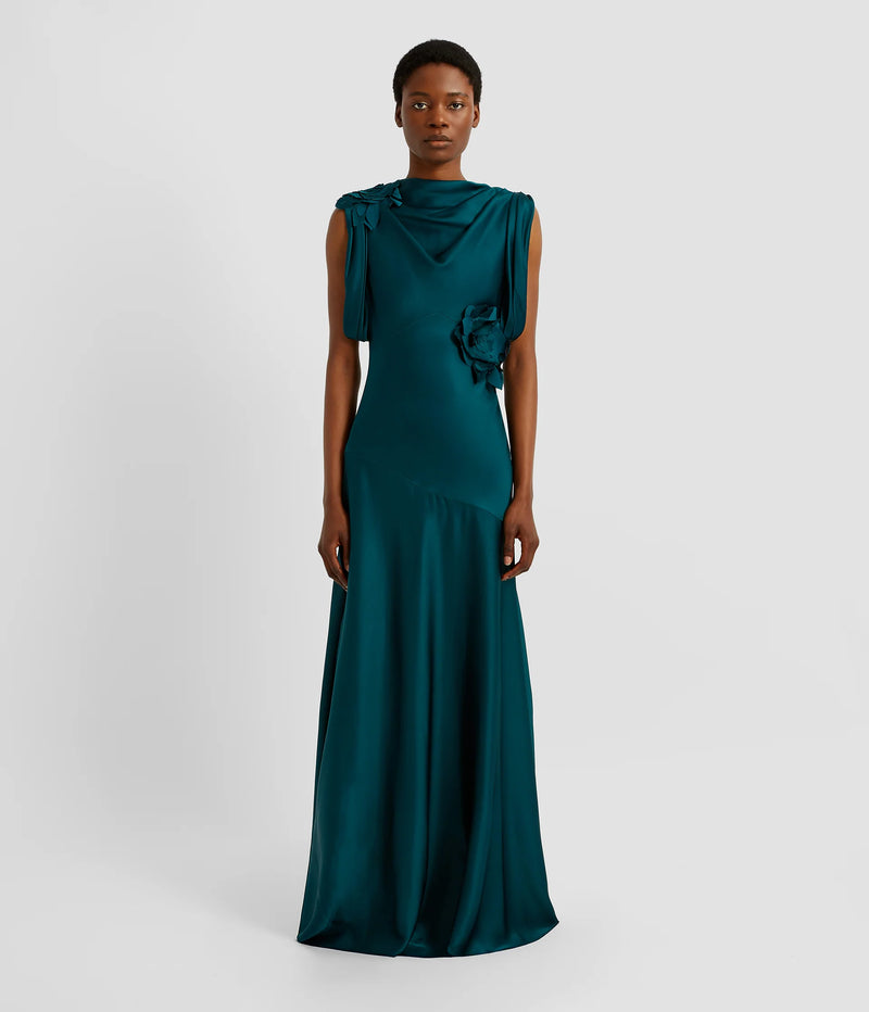 Floral-appliqué Satin Gown
