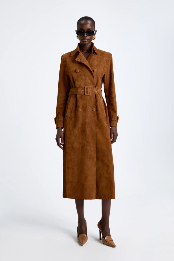 Tate Belted Double-Breasted Suede Trench Coat