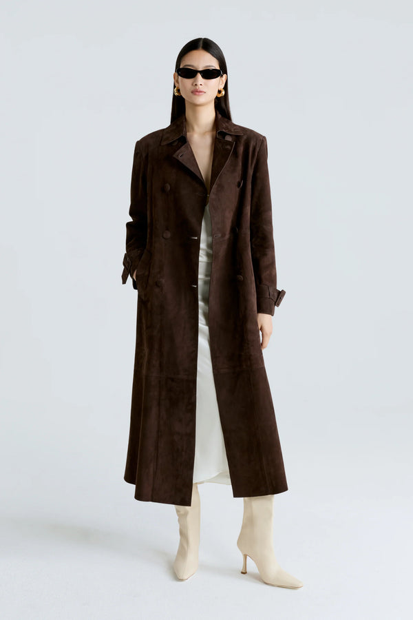 Tate Belted Double-Breasted Suede Trench Coat