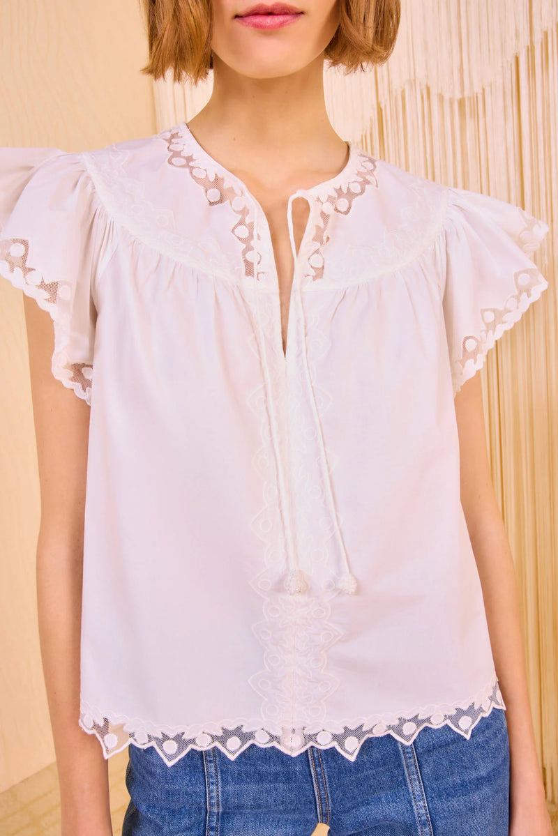 Effie Embroidered Mesh-Trimmed Cotton Blouse