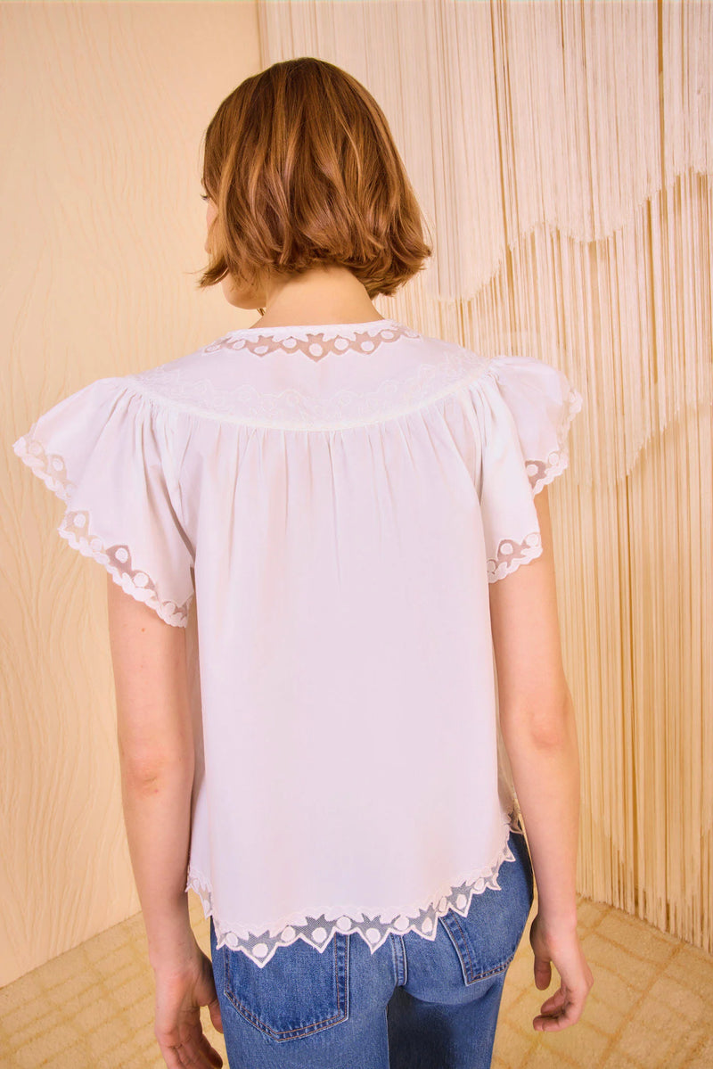 Effie Embroidered Mesh-Trimmed Cotton Blouse