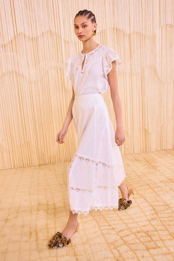 Effie Embroidered Mesh-Trimmed Cotton Blouse