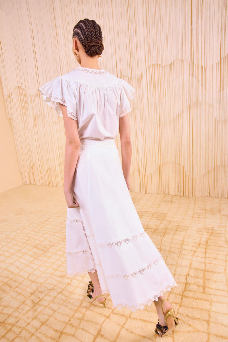 Lucia Embroidered Mesh-Trimmed Cotton Skirt