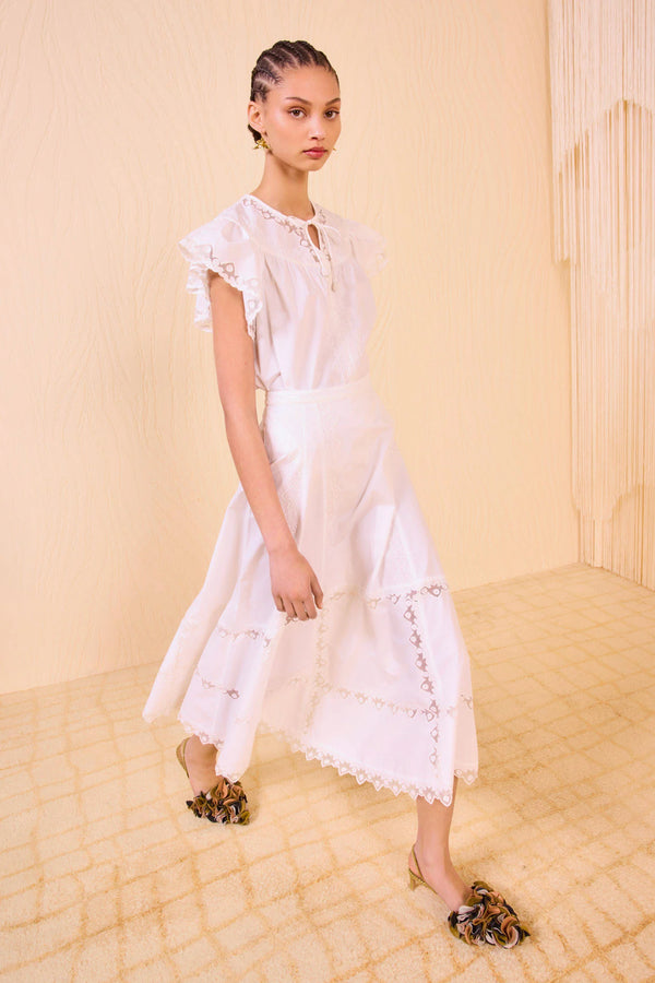Lucia Embroidered Mesh-Trimmed Cotton Skirt