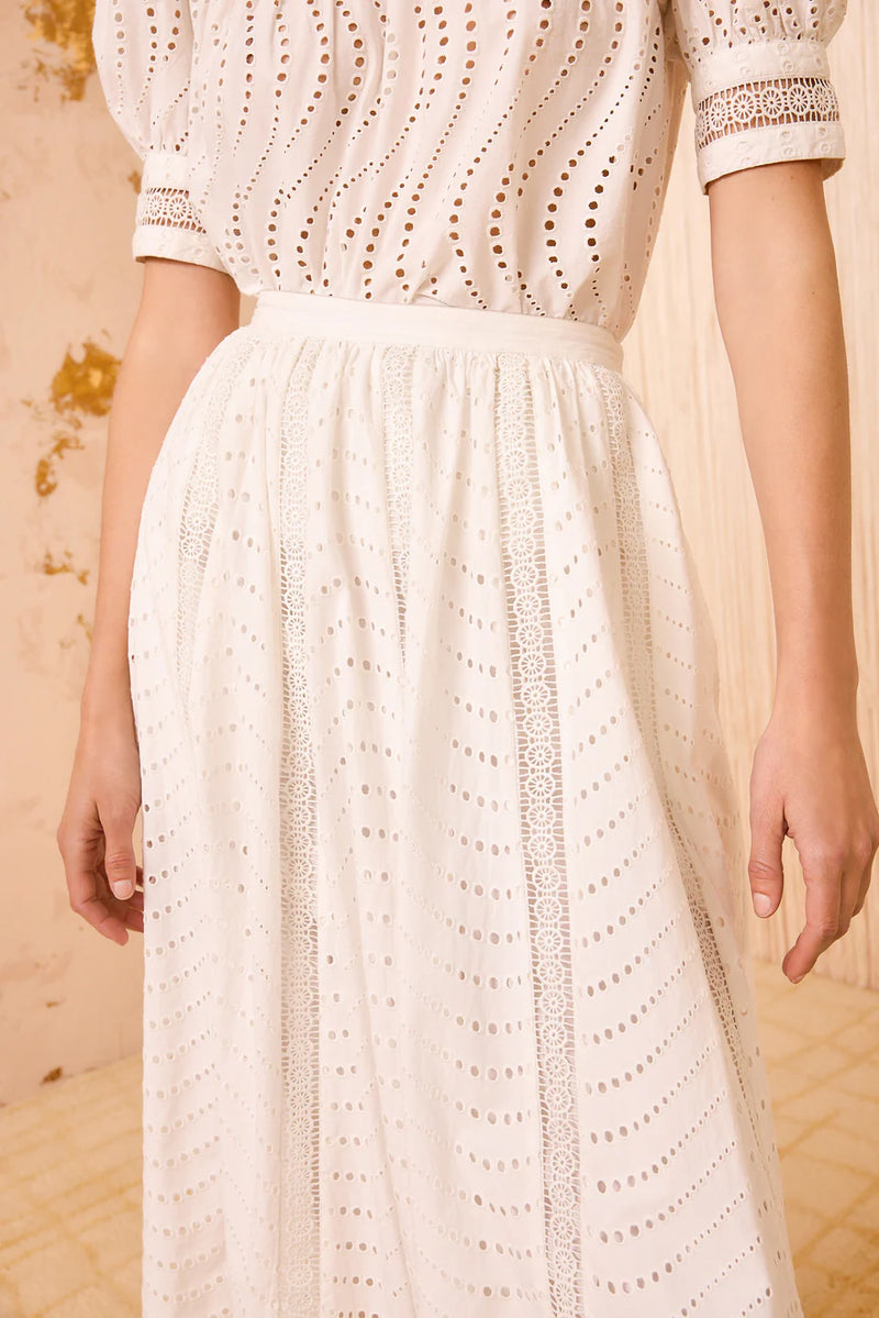 Ren High Waist Lace Trim Midi Skirt