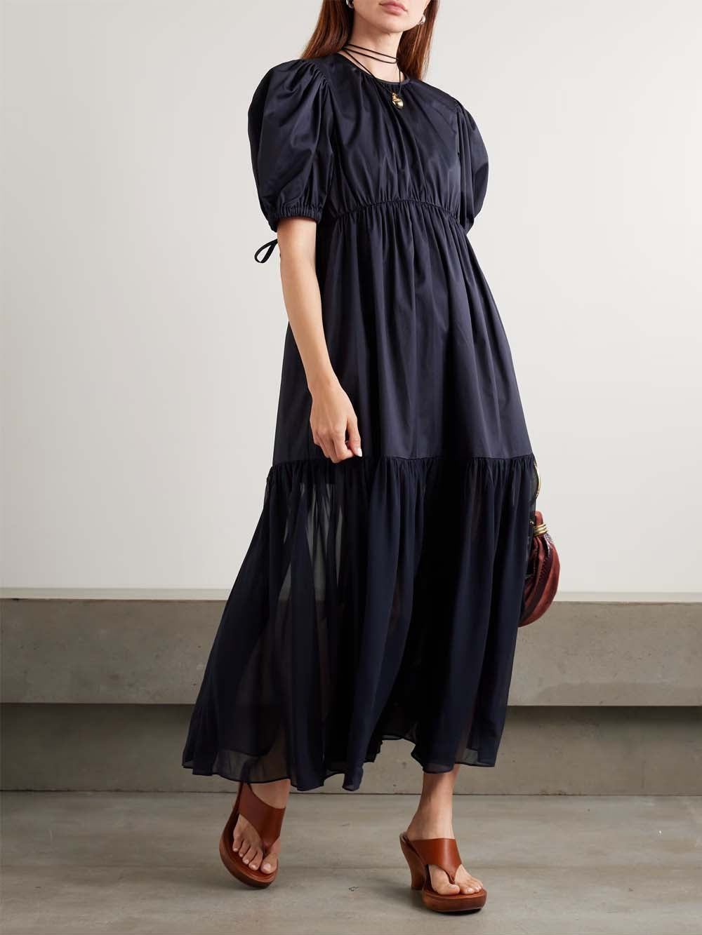 aqua cotton poplin gathered midi dress Collage Gathered Cotton-Poplin and Silk-Georgette Midi Dress – Belinda  International