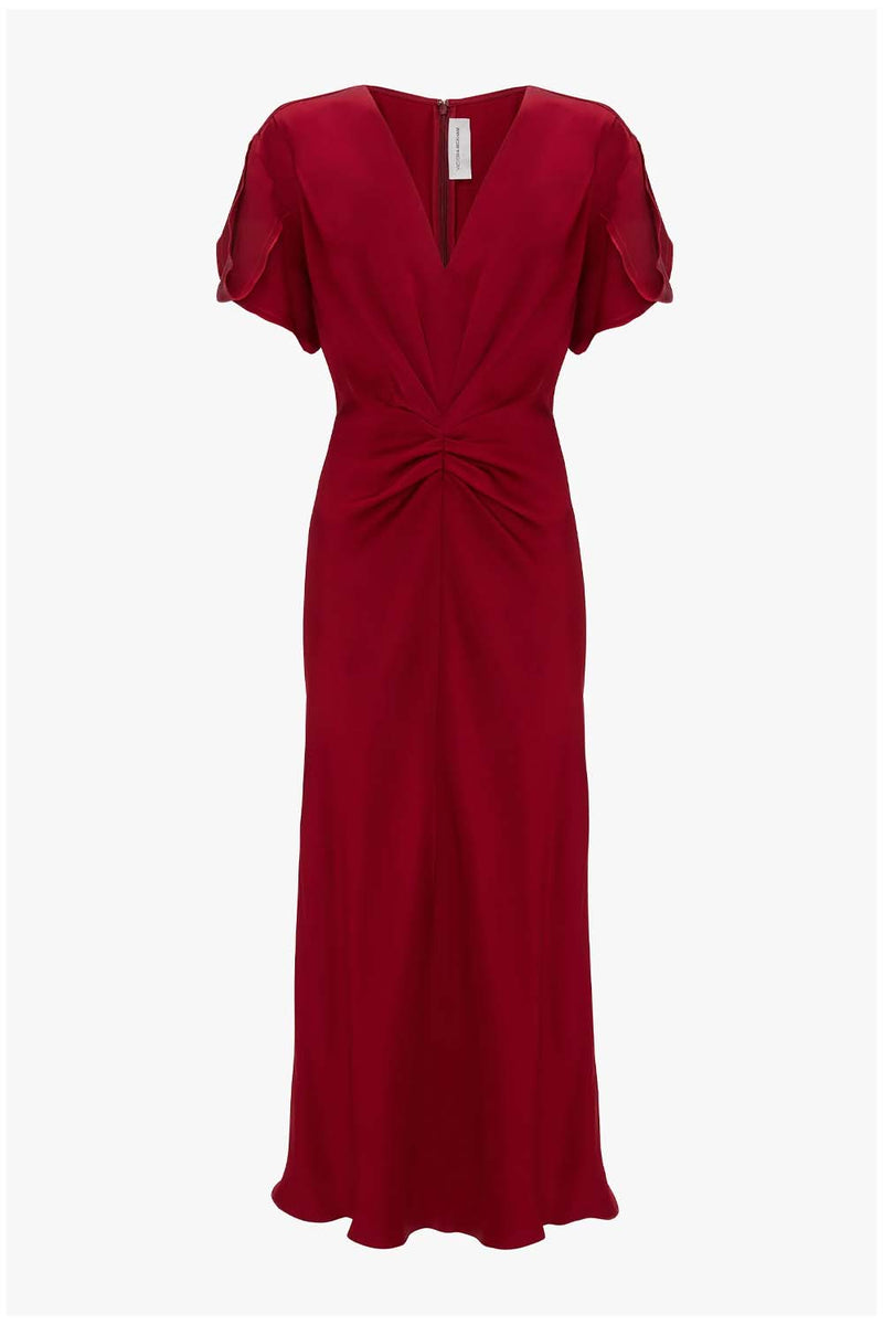 Gathered Waist V-Neck Midi Dress