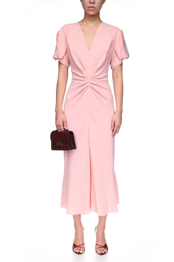 Gathered Waist V-Neck Midi Dress