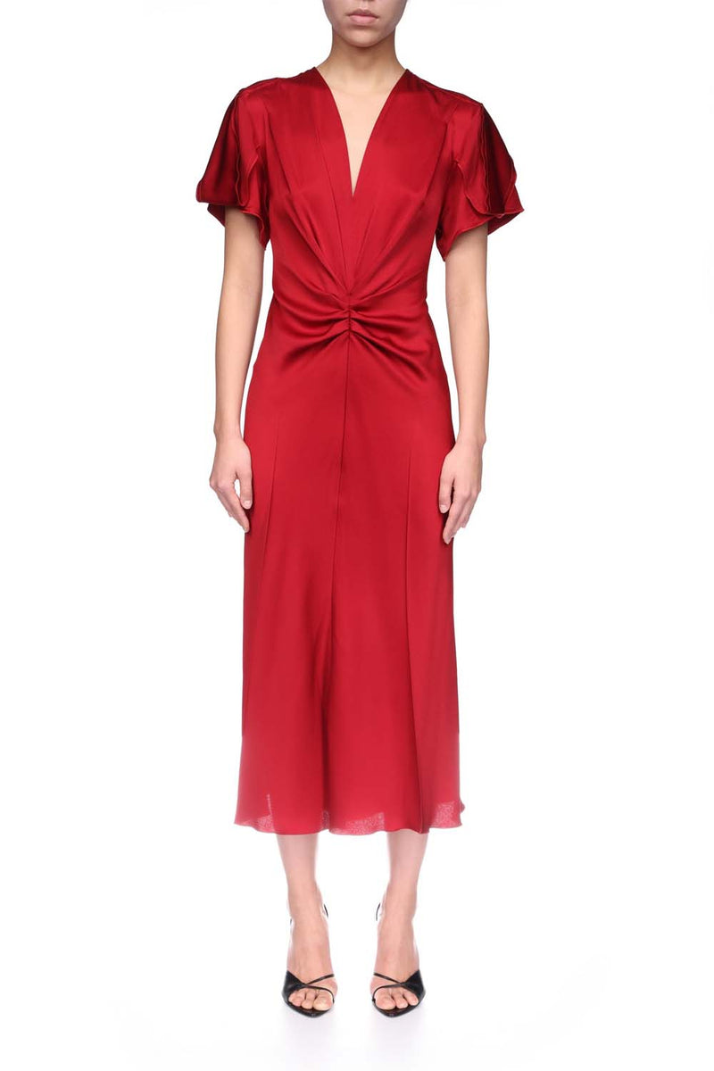 Gathered Waist V-Neck Midi Dress