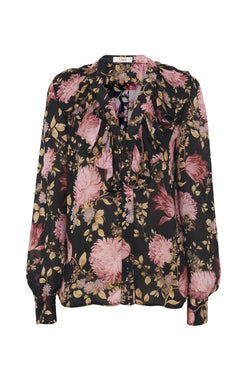 Floral Silk Charmeuse V-Neck Ruffled Blouse