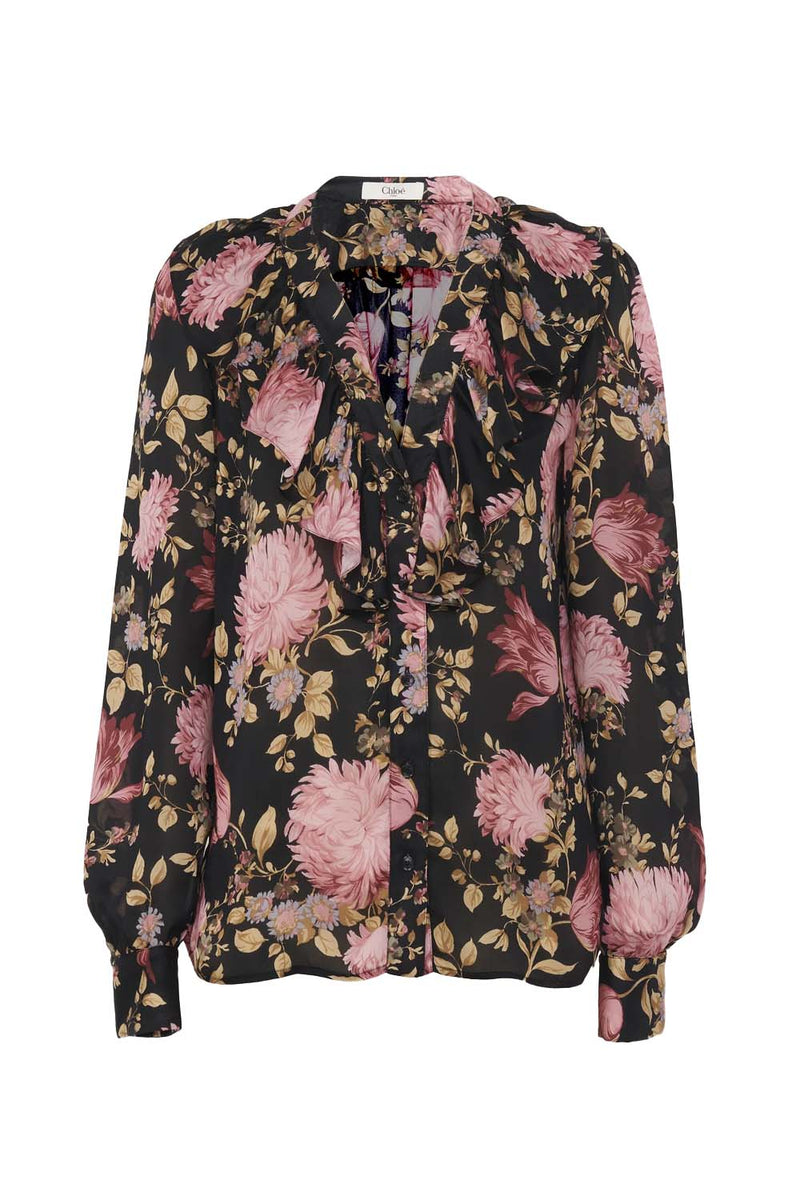 Floral Silk Charmeuse V-Neck Ruffled Blouse