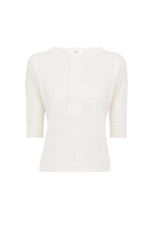Linen & Silk Short-Sleeve Henley Knit Top