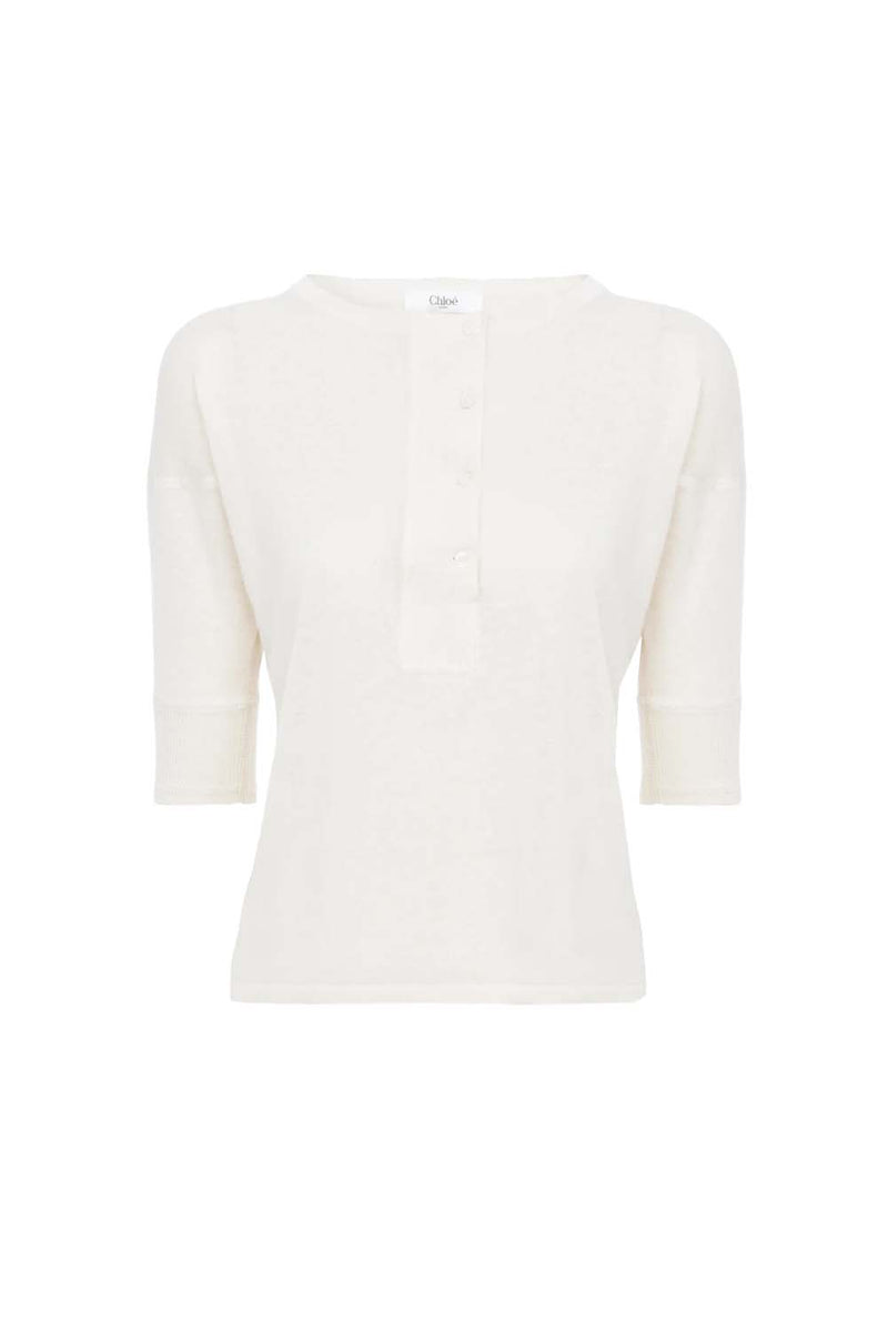 Linen & Silk Short-Sleeve Henley Knit Top