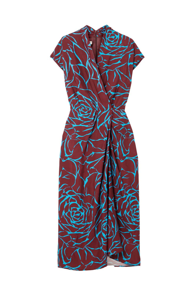 wrap effect midi dress Wrap-effect Rose-print Satin Midi Dress – Belinda International