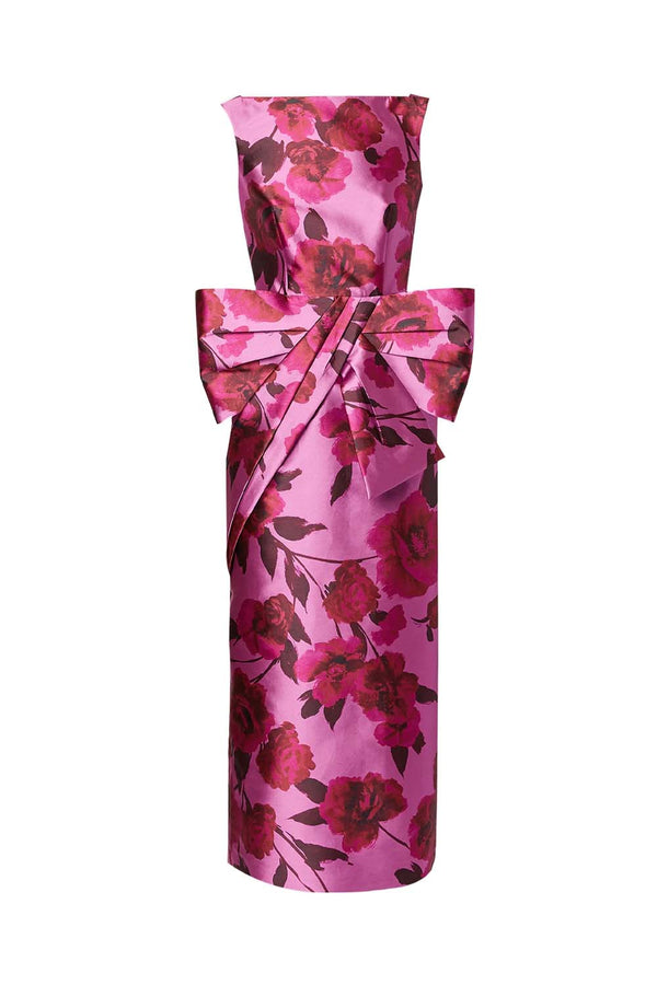 Bow Detail Floral Satin Sheath Dress