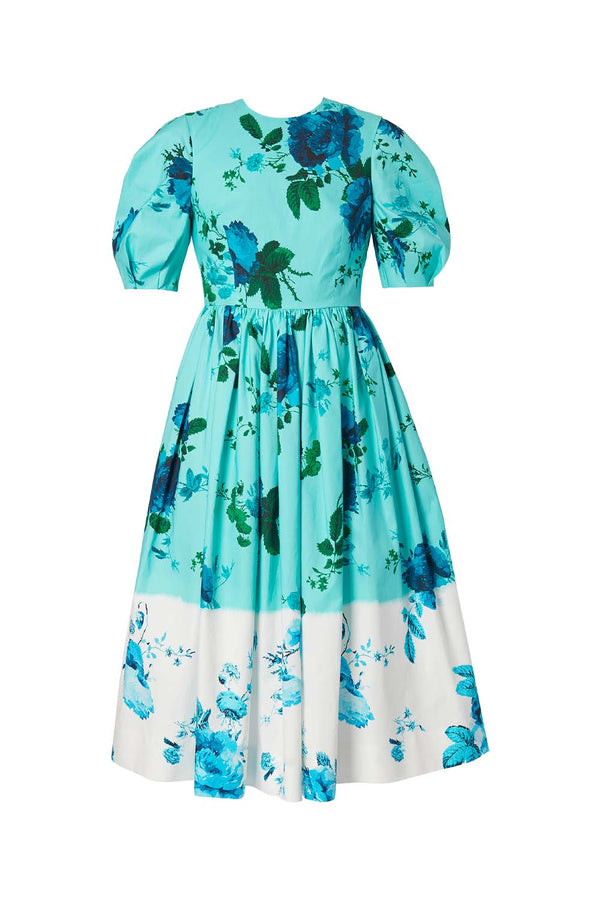 Puff-Sleeve Floral Print Cotton Midi Dress