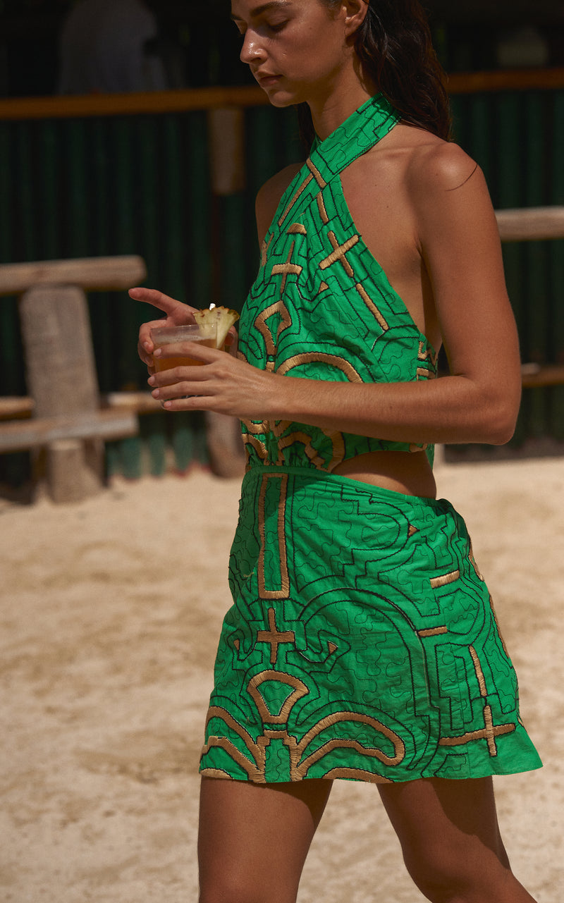 Rainforest Power Embroidered Cut-Out Cotton Mini Dress