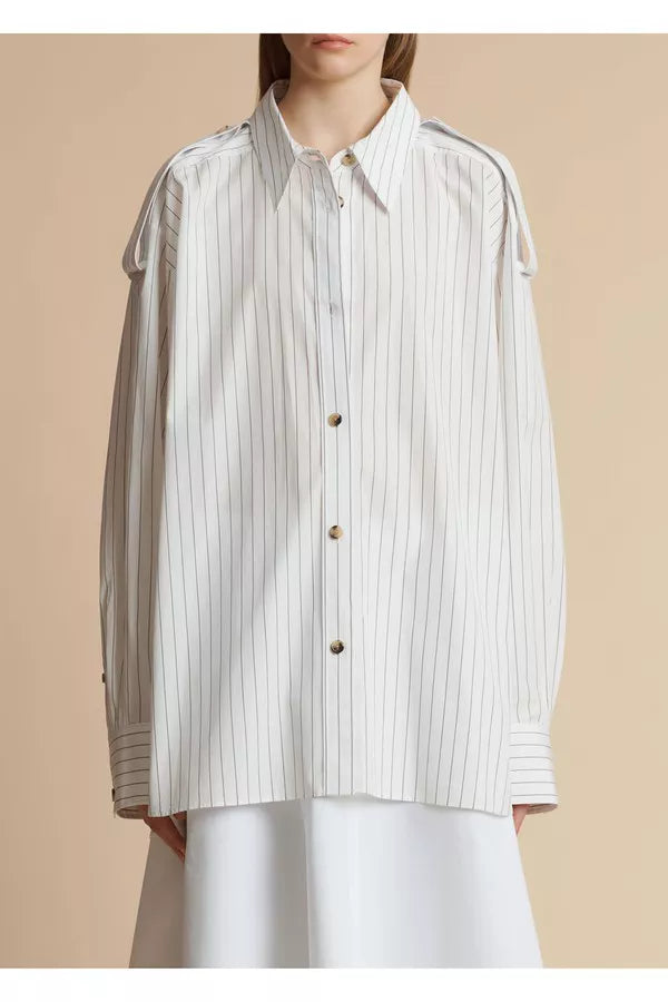【KHAITE】 WHITE SILK stripe ruffle blouse KHAITE TAMAL TOP – Belinda International