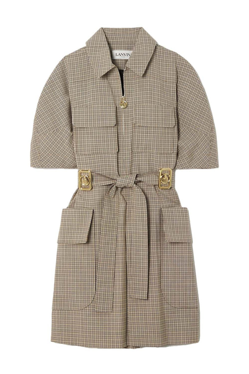 Belted Checked Wool Mini Dress