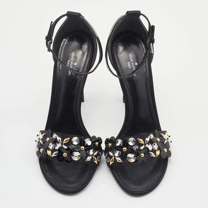 Satin & Patent Leather Embellished Ankle Strap Sandals