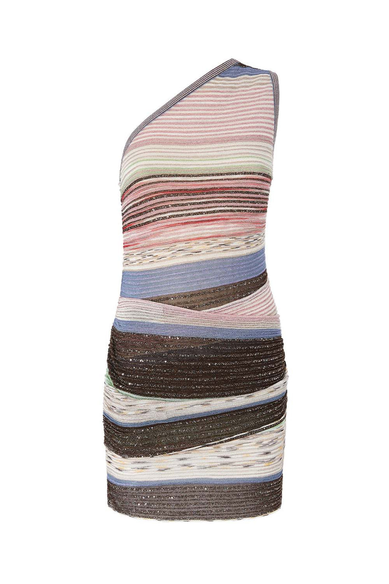 One-shoulder Metallic Striped & Sequin Crochet-knit Mini Dress – Belinda  International