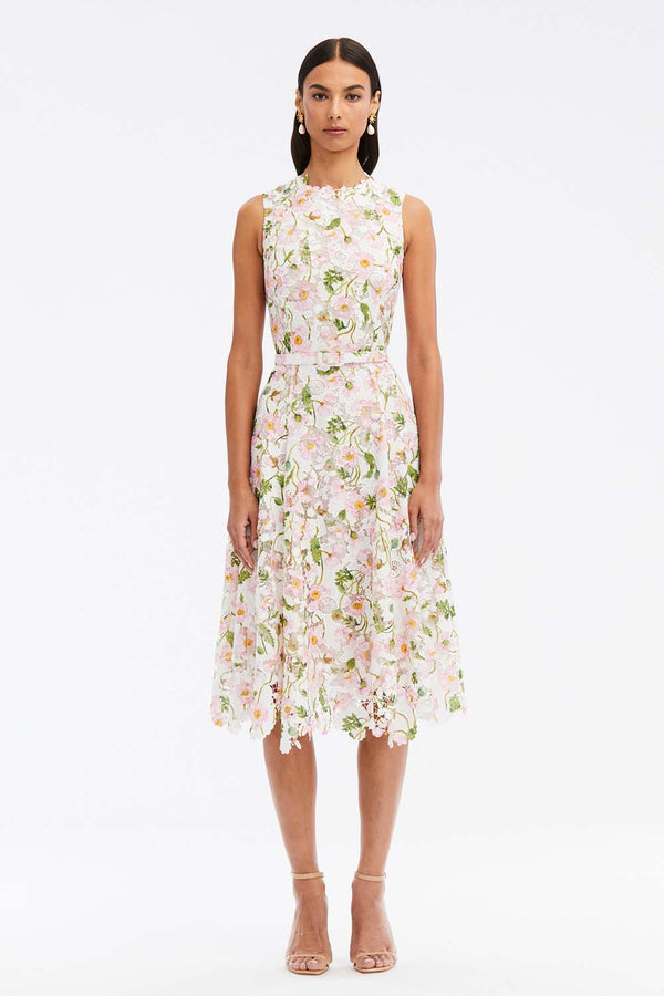 Guipure Lace Yoke Self Belt Floral Dress