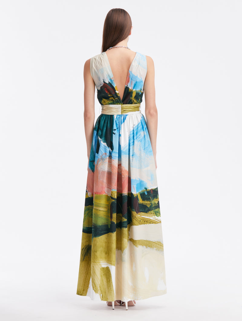 Abstract Landscape Print Cotton Maxi Dress