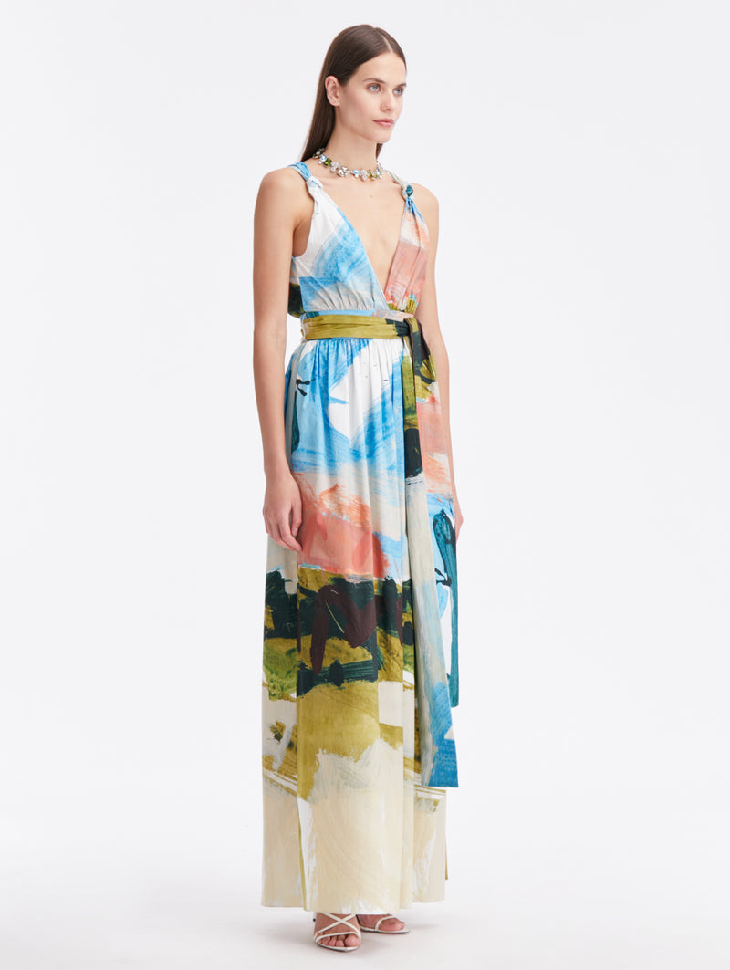 Abstract Landscape Print Cotton Maxi Dress