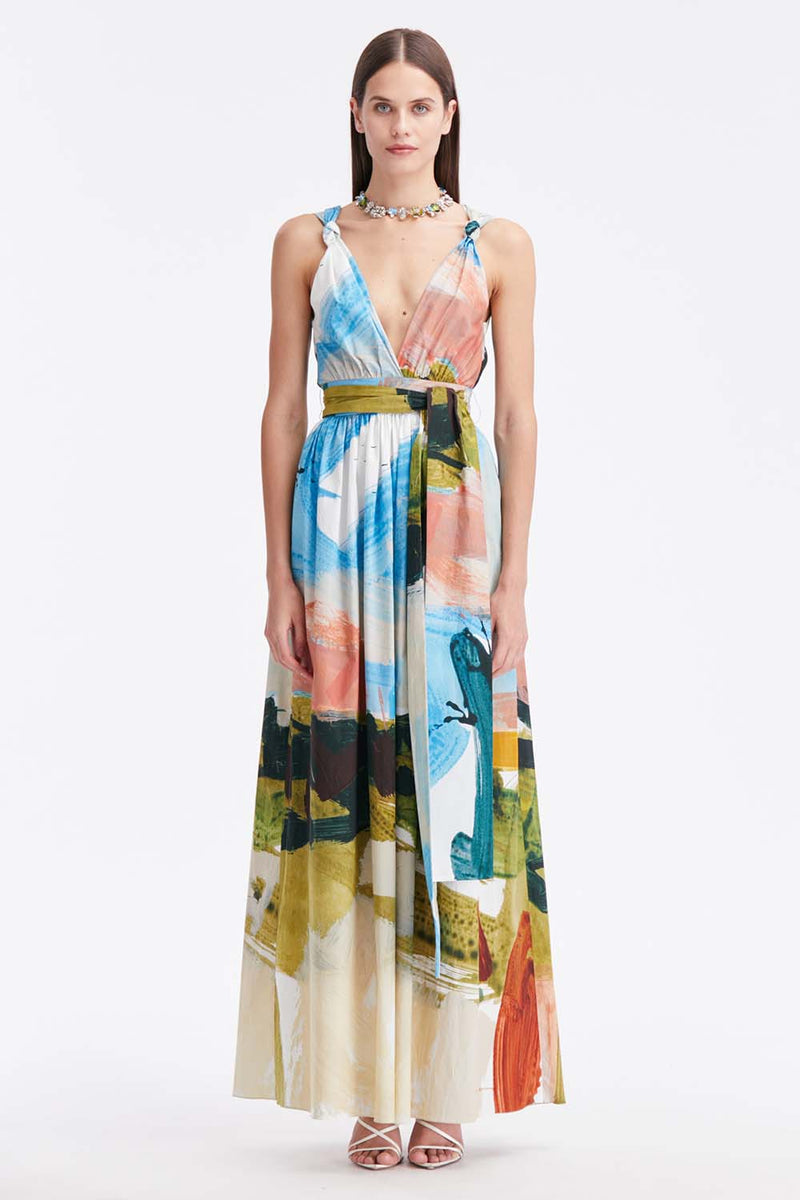 Abstract Landscape Print Cotton Maxi Dress