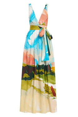 Abstract Landscape Print Cotton Maxi Dress