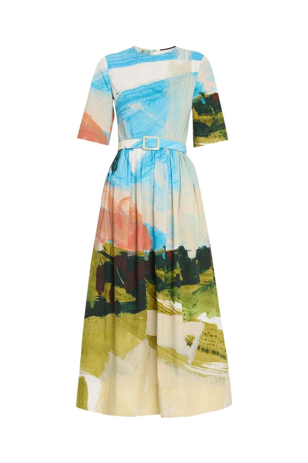 Abstract Landscape Print Cotton Poplin Dress