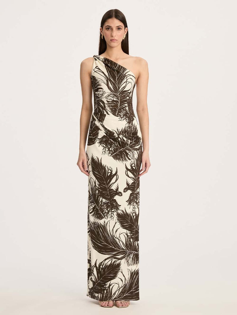 One-Shoulder Feather-Print Gown