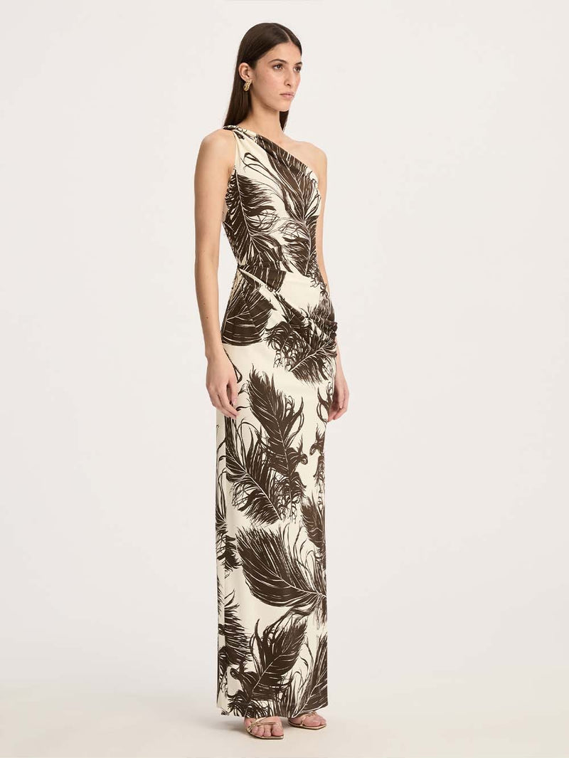 One-Shoulder Feather-Print Gown