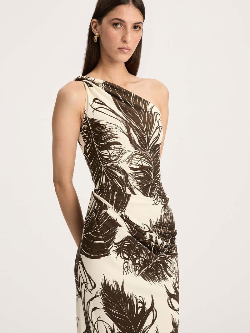 One-Shoulder Feather-Print Gown