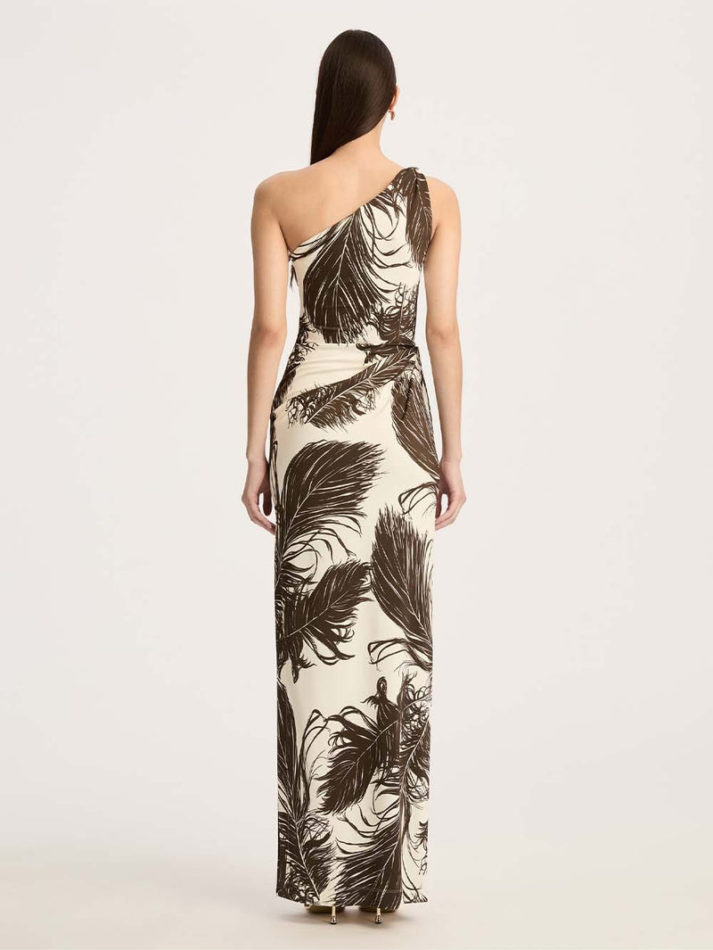 One-Shoulder Feather-Print Gown