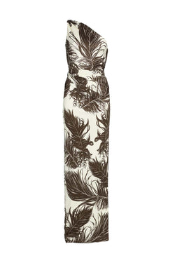 One-Shoulder Feather-Print Gown
